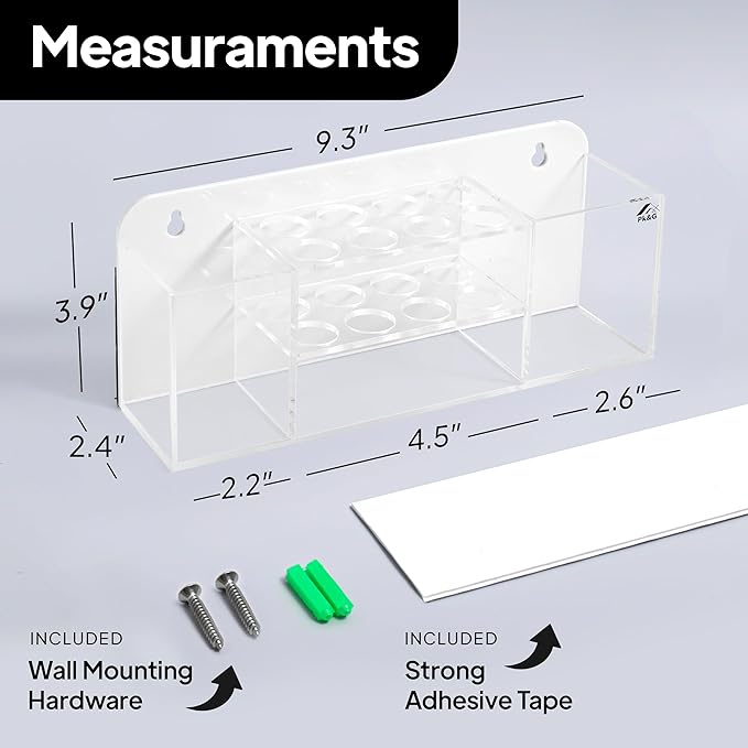 Strong magnetic dry-erase whiteboard holder, 8-slot acrylic pen organizer with glass and wall mounting hardware for refrigerator, office, and classroom. Markers, Eraser, Cleaner Not Included (Clear)