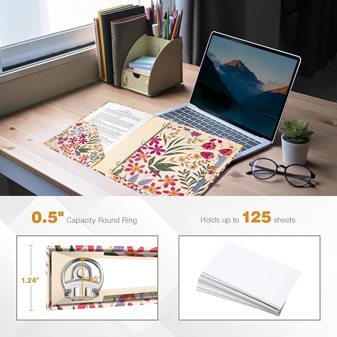 Ospelelf 3 Ring Binder, 1/2 Inch, Cute Floral Binder for Letter Size (11" x 8.5") with 5 Tab Dividers, File Folder Labels and Low Profile Clipboards
