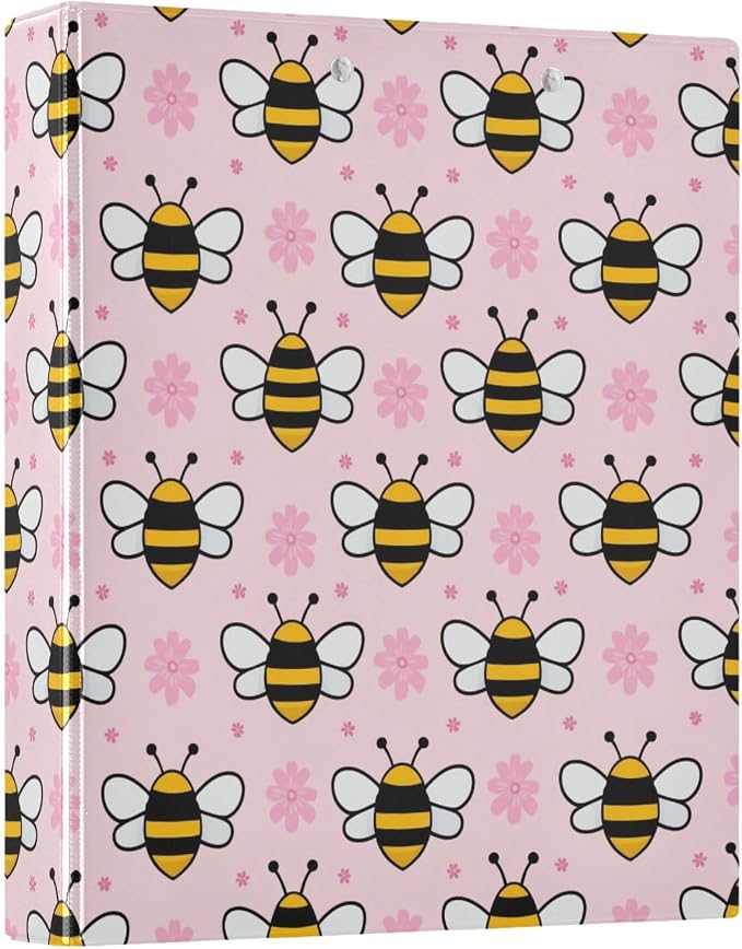 Aslsiy Pink Bee Yellow Bees Flowers 3 Ring Binder 1.5 Inch Round Clipboard Decorative Harcover Organizer for Office Supplies