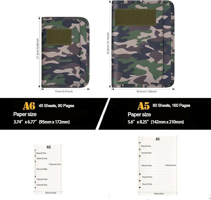 Kosibate Padfolio Ring Binder with 80 Sheets 160 Pages of Loose-Leaf Paper, Weatherproof Notebook Cover, Tactical Notebook with Zippered for Folders,Refillable 6-Ring Notepad(Camouflage,7.3"x10.1")