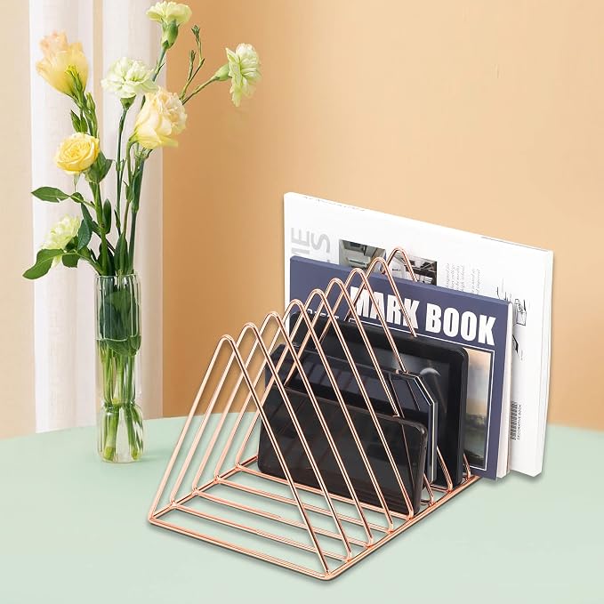 Rose Gold Magazine Holder, Desktop File Sorter Organizer Triangle 9 Slot Newspaper Record Storage Shelf Rack for Home Office Decoration