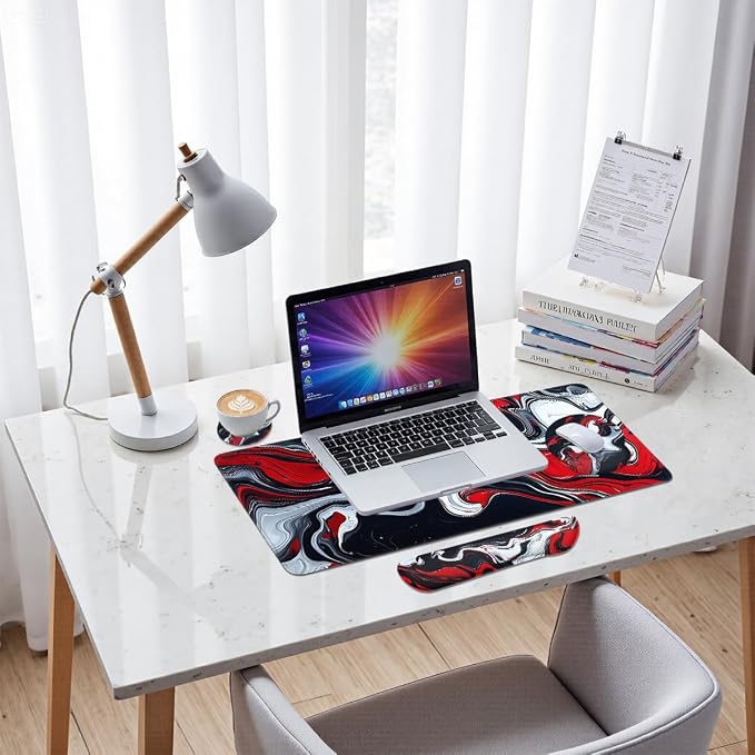 Abstract Art Mouse Pad Set Red Black White Modern Fluid Art Gaming Mousepad 4in1 Desk Mat for Desktop Wrist Support Cup Coaster Set Ergonomic Computer Desk Arm Wrist for Decor Home Office