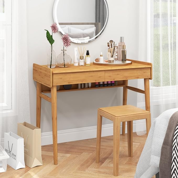 GIANTEX Computer Desk, 39.5" Bamboo Home Office Desk with 2 Storage Drawers and Open Shelf, Makeup Table Vanity Desk, Modern Writing Desk Computer Workstation for Bedroom, Study, Natural