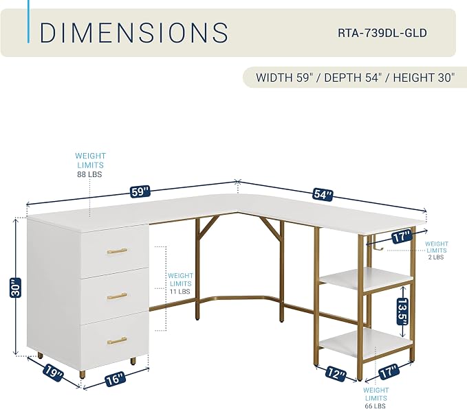 Techni Mobili 59" Two-Tone L‑Shaped Office Desk with Storage Shelves, Gold | 59" two‑tone L‑shaped desk with storage shelves, durable frame, modern corner workstation, spacious home office writing space