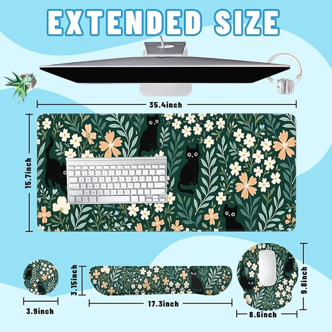 Cat Mouse Pad Set Cute Black Cats Floral Garden Gaming Mousepad 4in1 Desk Mat for Desktop Anti-Slip XXL Big Computer Ergonomic Mousepad with Wrist Support for Keyboard and Mouse