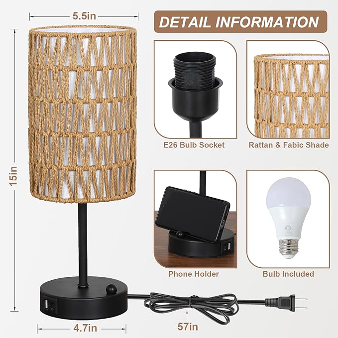 Touch Table Lamp Set of 2 For Bedroom with Bulb, Boho Small Desk Lamp For Living Room With Rattan & Linen Shade, 3 Way Dimmable Bedside Table Lamp For Nightstand With USB Charging Port & Phone Stand