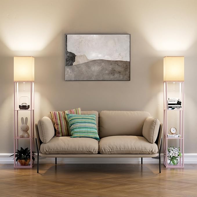 Pink Floor Lamp with Shelves for Living Room, Shelf Floor Lamp with 3 CCT LED Bulb, Corner Display Standing Column Lamp Etagere Organizer Tower Nightstand with White Linen Shade for Bedroom, Office