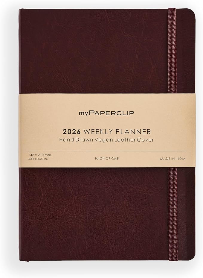 myPAPERCLIP 2026 Weekly & Monthly Planner, 12 Months (Jan2026 - Dec2026), A5 (5.6 in x 8 in), Italian Vegan Leather Planner with Weekly & Monthly Spreads, Yearly Overview – Brown
