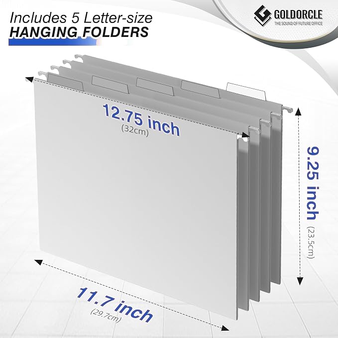 Letter-Size Hanging File Organizer (Blue, with 5 Grey Folders) | File Holder Filing Box for Desk, Metal Mesh Desk File Folder Storage for Office(No Assembly Required)