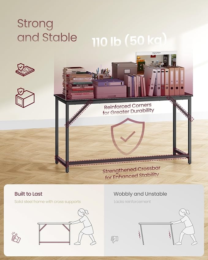 VASAGLE Computer Desk, Office Work Desk, 55.1 x 19.7 x 29.9 Inches | For Study, Bedroom, Home Office, Living Room, Ebony Black and Black ULWD214B101