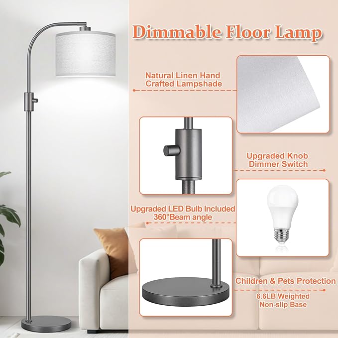 Nintiue Upgraded Modern Arc Dimmable Tall Standing Floor Lamp with Gray Shade, 1200 Lumens LED Bulb Included, for Living & Reading Room, Bedroom, Office & Nursery, Gray