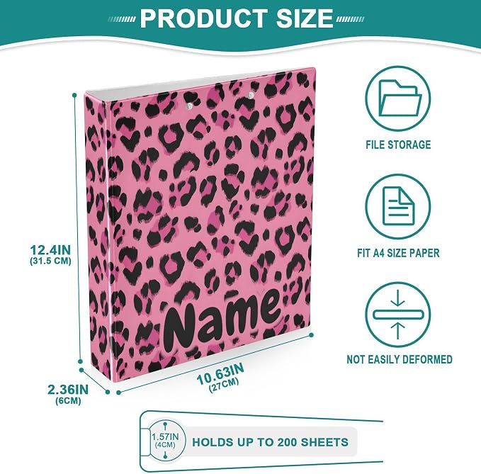 Custom 3 Ring Binder Hot Pink Black Leopard Print 1.5" Round Ring Binders Personalized Name View Binder with 200 Sheet for Kids School Supplies Women Men Office, 1 Pack