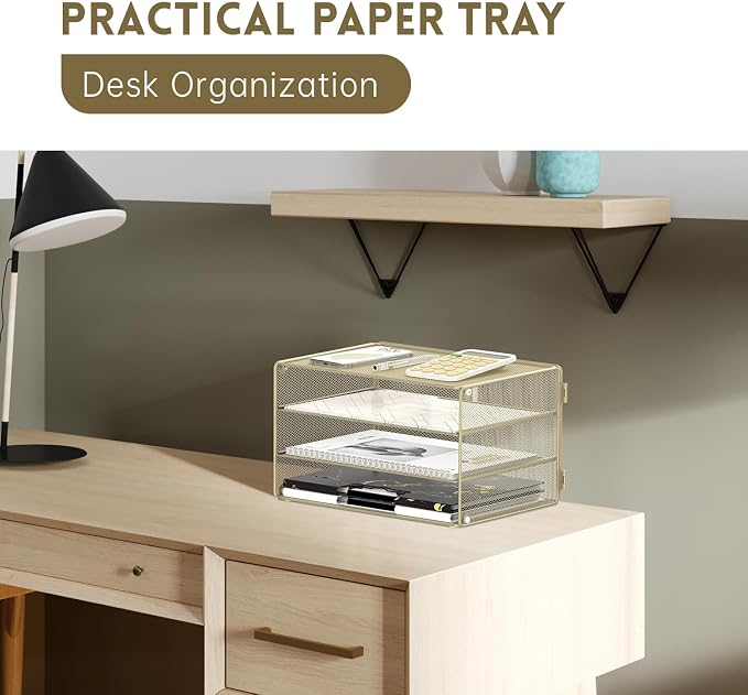 DALTACK 3 Tier Letter Tray Paper Organizer with Sliding Mesh Trays Yellow | Metal Mesh File Organizer with Sliding Trays for Letter and A4 Paper, Mail, Bills, Folders and Office Documents