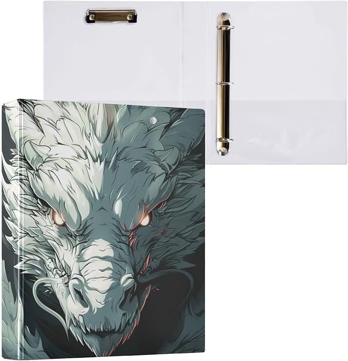 JIPONI 3 Ring Binder White Dragon Anime 1 Inch Round Binders for Men Women Students, Cute File Organizer for Office School, 1pc