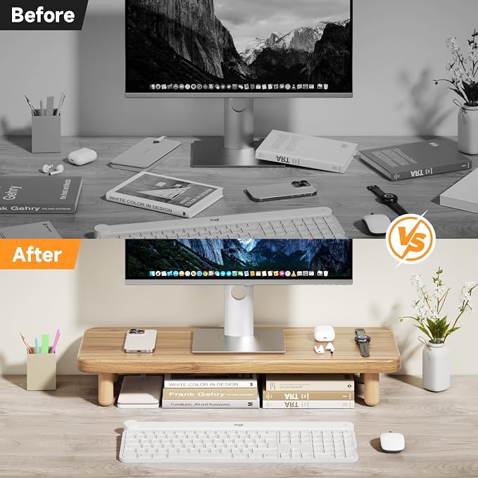 Monitor Stand Riser, 24 Inch Wood Desk Organizer with Monitor Stand & Storage Computer Monitor and Laptop Riser Multifunctional Laptop Stand Desk Organizer for Office Home Screen/Laptop/PC (Light Walnut)