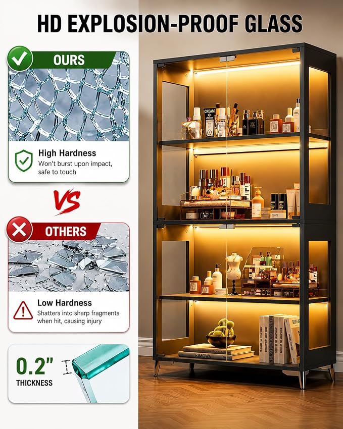 Display Cabinet with Glass Doors, 4-Tier Curio Cabinet with Adjustable Shelves, Glass Display Case for Collectibles, 60000 Color LED Lights with App & Remote Control, Metal Base Storage Cabinet, Black