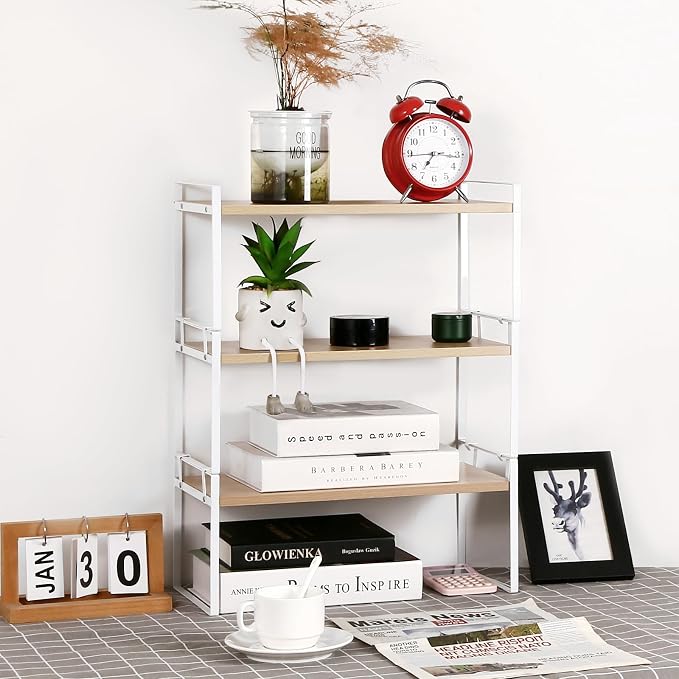 YGYQZ Desk Shelf Organizer for Top of Desk, 3-Tier Desktop Bookshelf, White & Wood