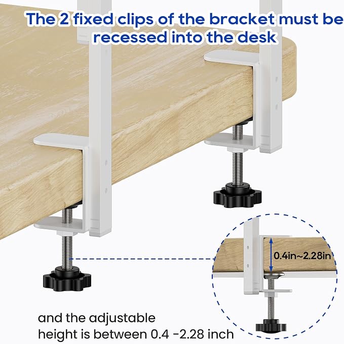 Clamp On Desk Shelf 2-Tier, Wood Shelving Unit for Office Desk/Gaming Accessories, Tabletop Book Storage Rack, Shelf for Top of Desk, Grey