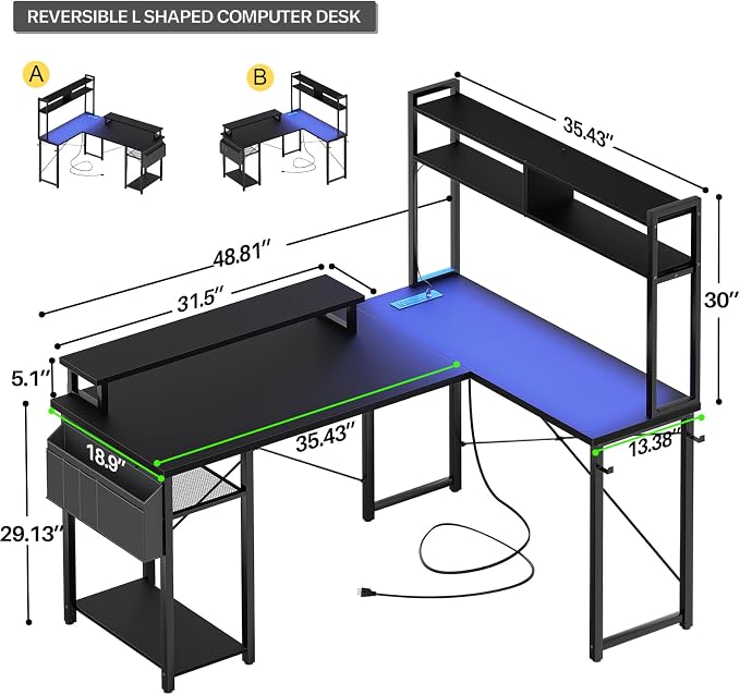 Aheaplus Small L Shaped Gaming Desk with LED Lights & Power Outlets, Reversible L-Shaped Computer Desk with Monitor Stand & Storage Shelf, Corner Desks Home Office Desk with Storage Bag, Black
