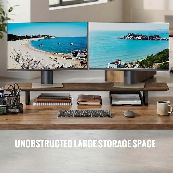 EXPERLAM Solid Wood Dual Monitor Stand Riser, 43 Inch Rubberwood Desk Shelf for Top of Desk, Wood Monitor Stand for Desk 2 Monitors up to 27", Desktop Organizer for Laptop, TV, Printer