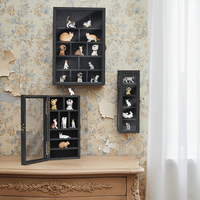 Ikee Design 3-Pc Wall-Mounted Wooden Cubby Display Shelf, | 3-PIECE SHADOW BOX SET: wall shelves with doors and 24 compartments for collectibles and mini figures.