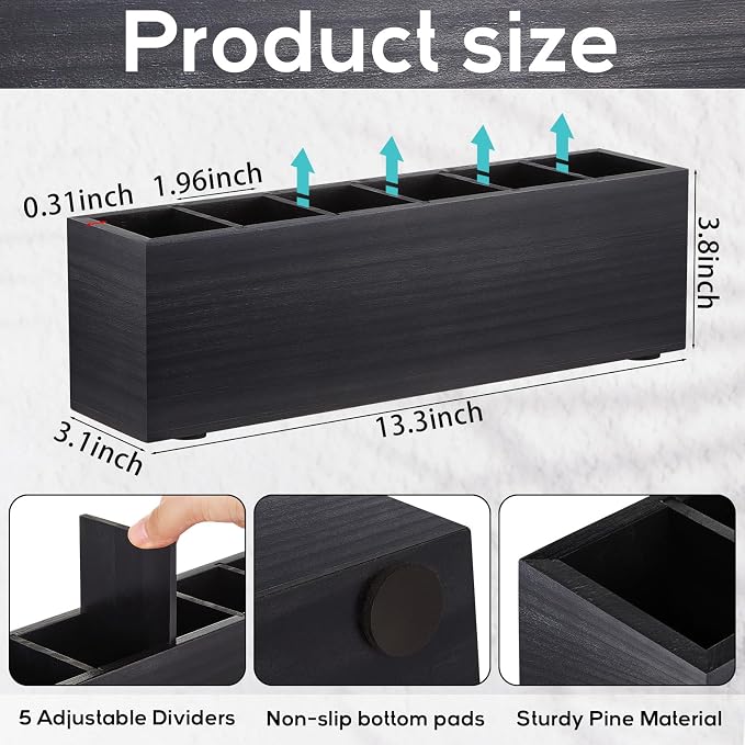 Jetec Wooden Pencil Pen Holder for Desk 6 Compartments Cosmetic Makeup Brush Stationery Office Desktop Organizers for Countertop Adjustable Silverware Caddy for Party, Art Supplies, Home Decor(Black)