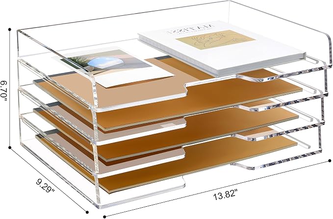 Acrylic Desk Organizer, Stackable Paper Organizer Letter Tray 4-Tier Clear | Enlarged File Organizer for Documents, Files, Letters, A4 Paper, Books, Notes, Mail & Paper Storage, Office Classroom Home