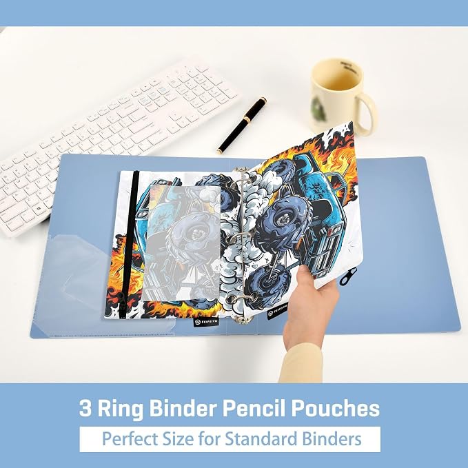 Truck Fire Pencil Pouch for 3 Ring Binder, 2 Pack Waterproof Pencil Bags Clear Window Zipper School Office Supplies
