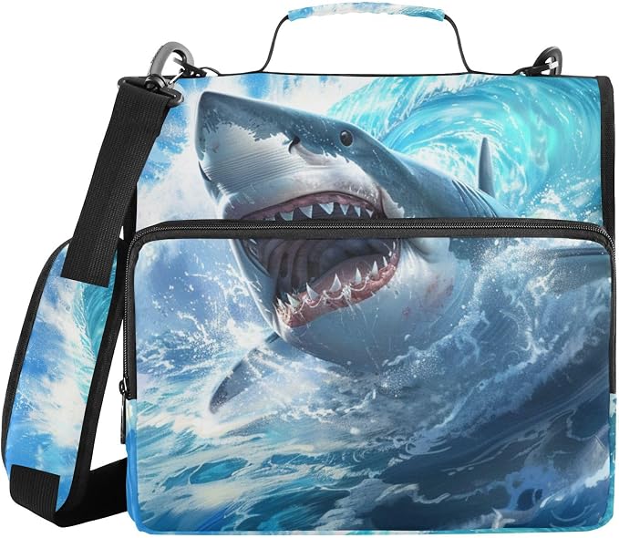 Cute Shark Blue Ocean Wave 3 Ring Binder Bag 1.5 inch Binder Organizer with Zipper Shoulder Strap 500 Sheet Documents Storage for School Office