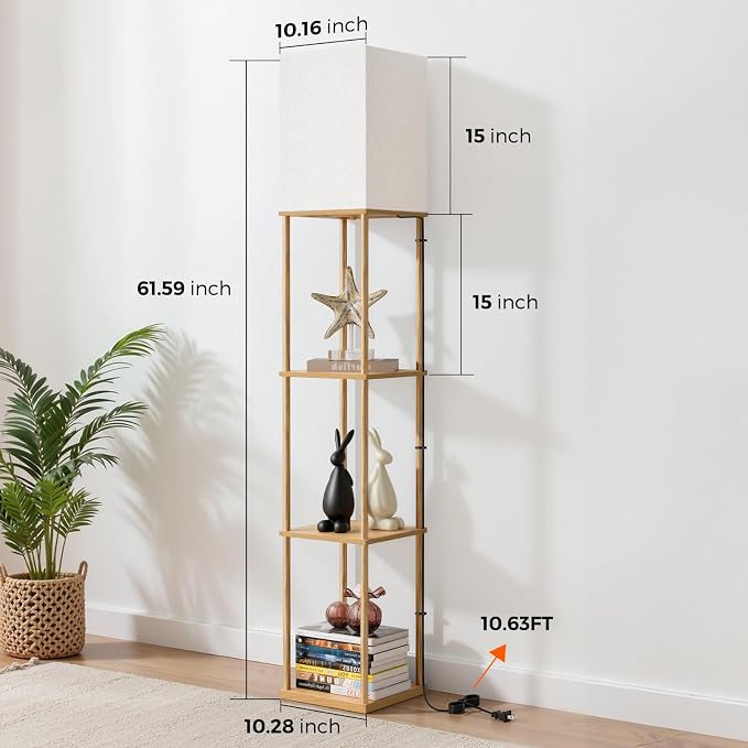 Floor Lamp with Shelves, 3-Tier Modern Square Bookshelf Standing Lamp Wood | 3 Color Temperature Bulb Included, Pull Chain Tall Lamp for Living Room Bedroom Corner Office Apartment Decor