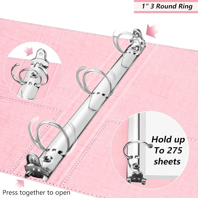 3 Ring Binder, 1 Inch Linen Binders Organizer for Letter Size (8.5" x 11") Paper with 5-Tabs Pockets Dividers, BVSSX Leather Three Ring Binders with Clipboard, Plastic Folder, Pen Loop - Pink Tulips