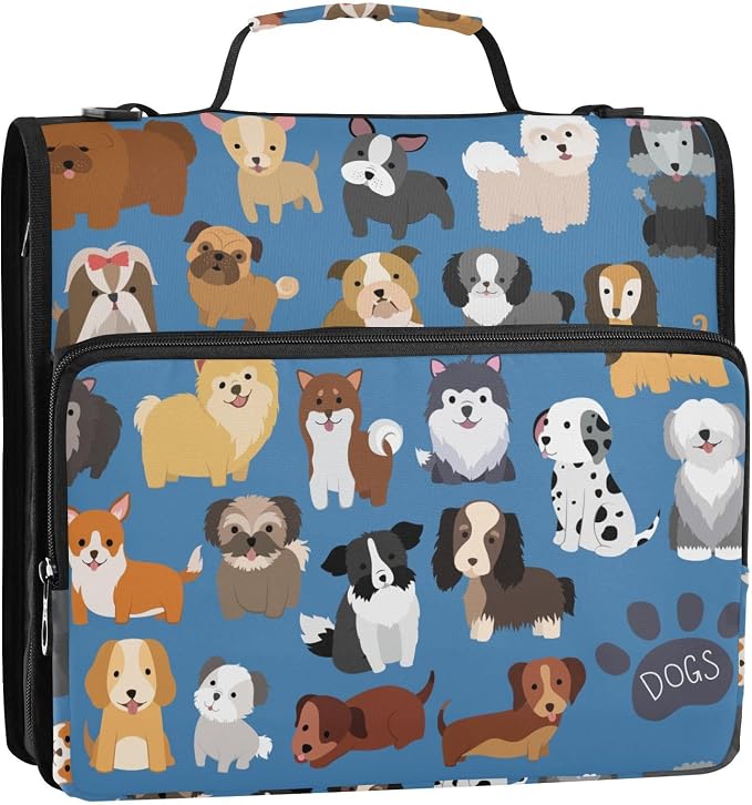 Dogs Cute Blue Print Zipper Binder Bag 3 Ring with Shoulder Strap & Handle Multi Pocket Binder Organizer Bag Large Capacity for School Office Supplies