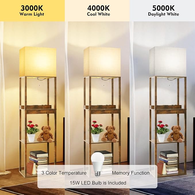 Floor Lamp with Shelves, Plus Shelf Lamp with Wireless Charger, 2 USB Port and Outlet, 1 Drawer, 15W LED Bulb, 3 Colors, Memory Function, Floor Lamps for Living Room, Standing Lamp for Bedroom