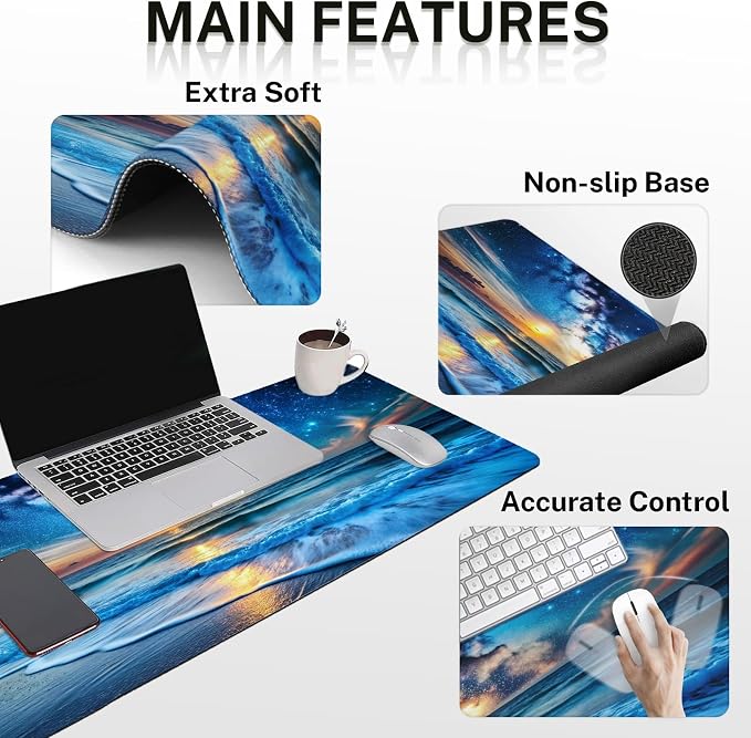 Keyboard Mouse Pad Set, 4 in 1 Desk Mat Set, Blue Ocean | Starry Sky Sea Large Mousepad+Keyboard Wrist Rest+Mouse Wrist Rest+Coaster Ergonomic Design for Home Office Computer