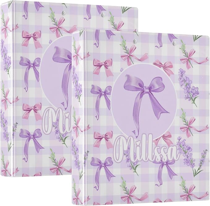 Lavender Ribbon 3 Ring Binder with Clipboard Round Ring Binders Bows Personalized Binder 3 Interior Clear Pockets for Office Supplies 2 Pack