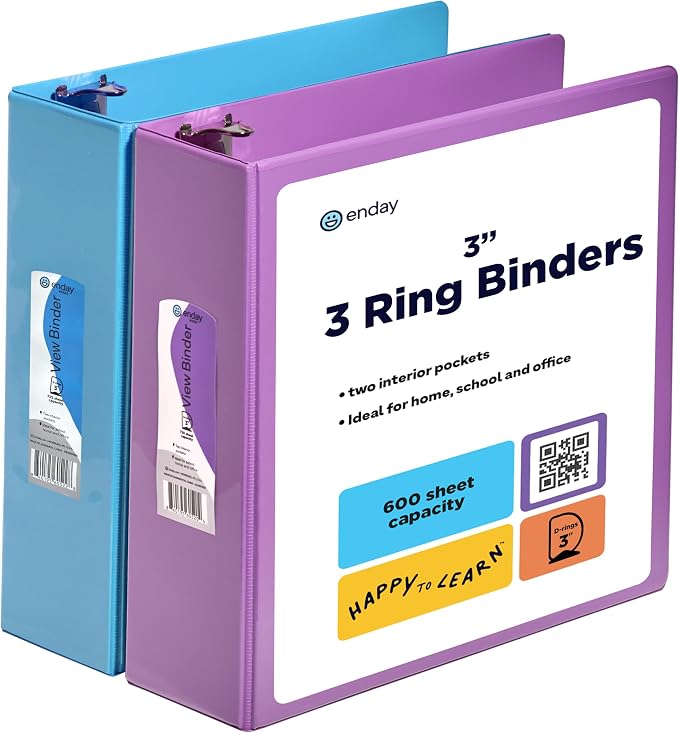 3 Inch Binder (2 Pack) Blue and Purple 3 Ring Binder 3 inch, Clear View Cover with 2 Inside Pockets, Three Ring Binders for Home, Office and School Supplies - Enday