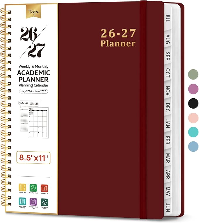 Taja Planner 2026-2027, 8.5" x 11" Calendar Planner, Jul 2026-Jun 2027 | Letter Hardcover Weekly & Monthly Academic Year Planner, Large Planning Agenda With Tabs, School & Office Supplies, Burgundy