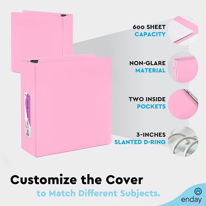 Enday 3 inch 3 Ring Binder (6 Pack - Assorted Colors) Binder 3 inch with Clear View Cover and 2 Inside Pocket - for Letter Size 8.5 x 11'' Paper, Ideal for School Supplies, Office, and Home