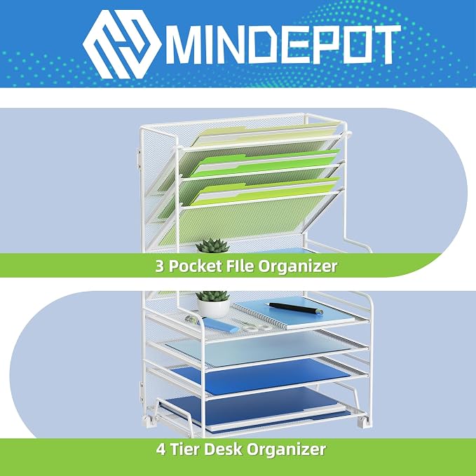 MINDEPOT 4-Tier Paper Organizer + 3-Pocket File Holder + Drawer + Pen Holders, Desktop File Organizers Paper Tray for Office Supplies School Classroom Organization (White, no Drawer & Pen Holder)