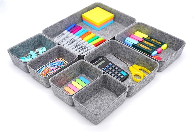 7pc Felt Desk Drawer Organizers Trays Gray Office Home Storage Bins
