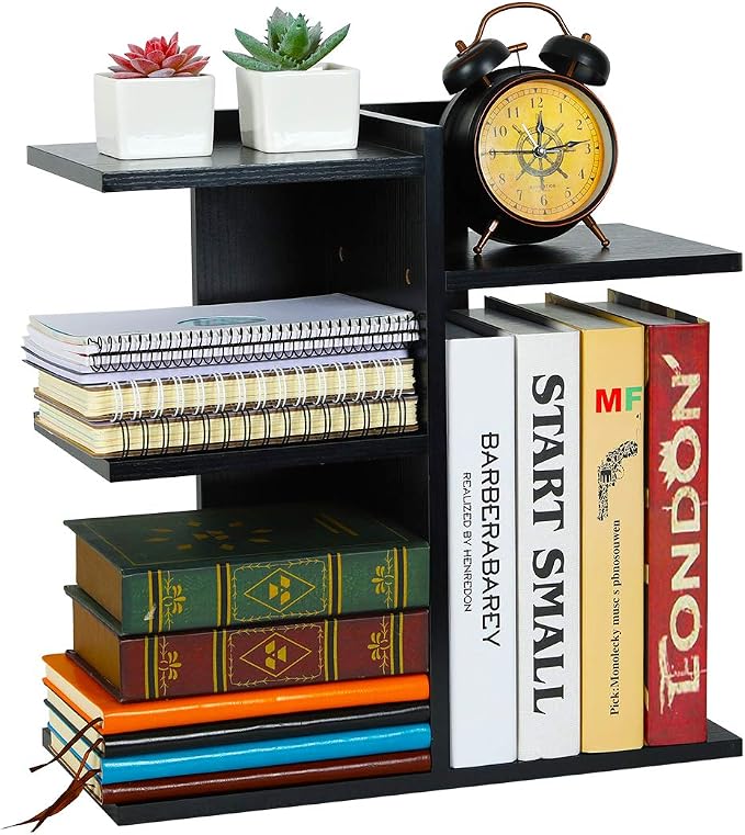 Wood Desktop Shelf Small Bookshelf Desk Supplies Organizers and Accessories Storage Display Rack Office Decor for Women, Black