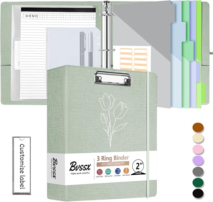 3 Ring Binder with Clipboard,2 Inch Binders with Notepad&5 Dividers with Pockets, Labels,PU Clipboards for School Office(Green Tulip,Letter Size)