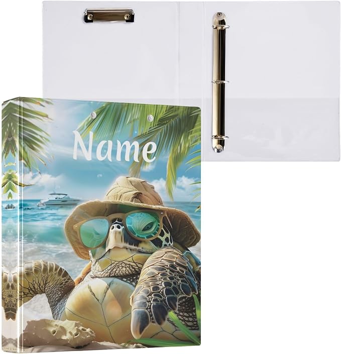 Custom 3 Ring Binder Turtle Summer Beach 1.5" Round Ring Binders Personalized Name View Binder with 200 Sheet for Women Men Office Kids School Supplies, 1 Pack