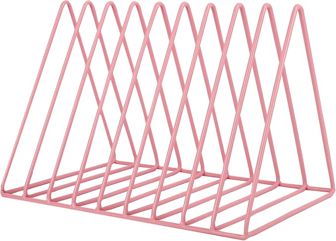 Vinyl Record Holder Storage, 9 Slot Metal Magazine Book Album Display Rack, Stylish Triangle Desktop File Sorter Organizer for Home Office, Pink