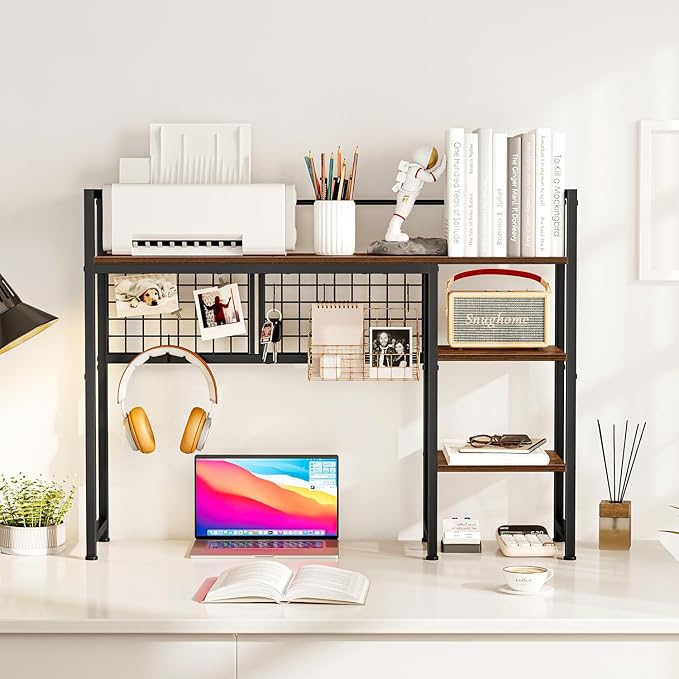 Snughome Desk Shelf, 38.6" Desktop Organizer Shelf, Desk Hutch for Computer Monitor, 4 Tier Desk Display Rack with Pegboard Hooks Set, Wood Desktop Bookshelf for Home Office Dorm