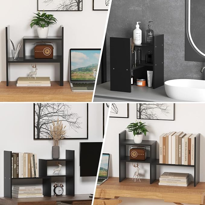 TY ARTS & CULTURE Expandable Black Wood Desktop Organizer-Desk Bookshelf | adjustable wood shelf, countertop desktop storage, home office stationery rack,Multipurpose bookcase,tabletop display