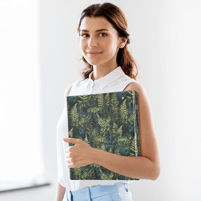 Vintage Green Ferns Binder 1.5 Inch Binder with Clipboard&Pockets, Plant Leaves Hardcover Binders 3 Ring, Heavy Duty Large File Folder for Office School Supplies - Holds 200 Sheets