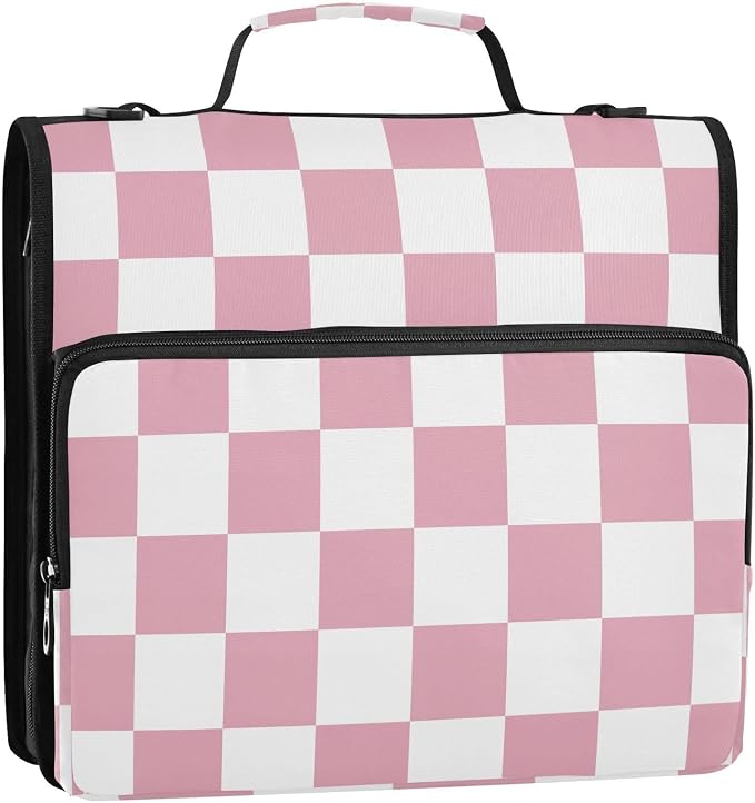 ALAZA Zipper Binder 3 Ring Pink White Checkered Binder Organizer with Zipper and Shoulder Strap Large Capacity Multi-Pocket Trapper Keeper File Folder for Office Supplies