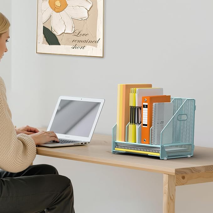 Docnest Mesh Desk File Organizer, 4 Vertical Compartment Box Sorter, Blue | Features 3 removable middle dividers for custom spacing and a bottom letter tray to hold paper, mail, and documents