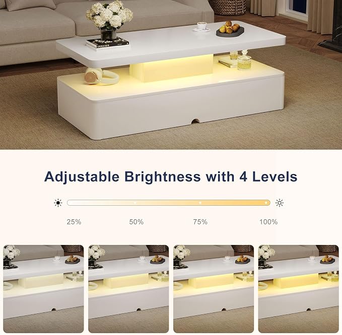 MXV Modern Coffee Table, 47 Inches Coffee Tables with 16 Colors LED Lights, 2 Tier Rectangular Center Table, Large Storage Space, High Glossy Wooden Tea Table for Living Room, Bedroom, Office, White